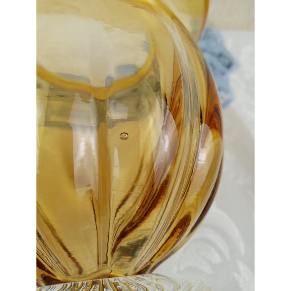 Blown Glass Compote Bowl/Candle Holder Amber Ribbed Bowl and Clear Pedestal 6" - Picture 6 of 6